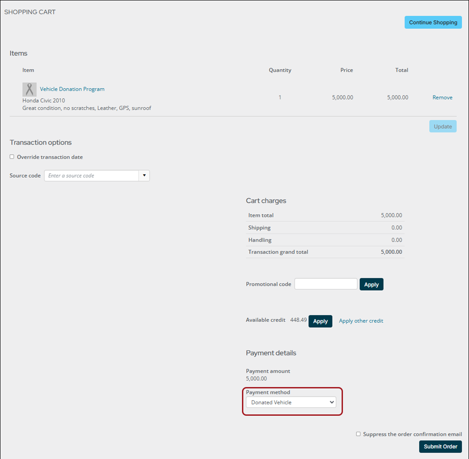 Shopping cart with gift added and correct in kind payment method selected